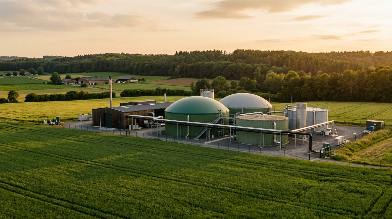 Biogas Hautrage renewable energy facility surrounded by fields